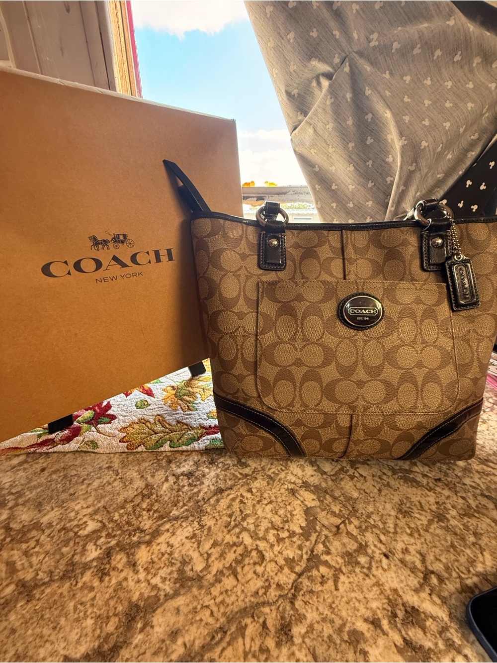 Coach Brown Signature Canvas Shoulder Tote with Dark Trim